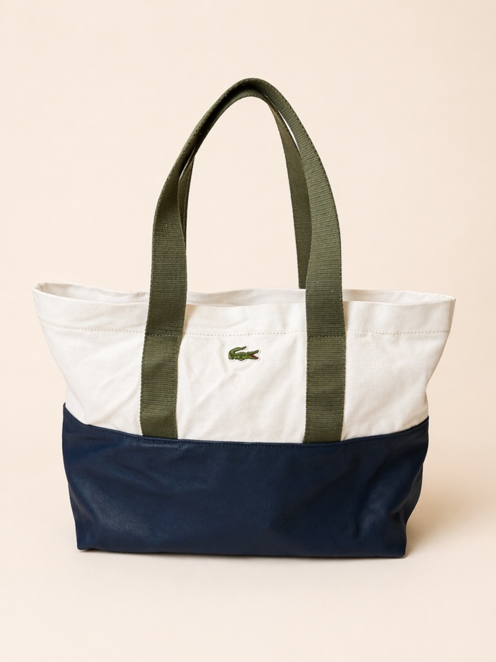 Lacoste Canvas Tote - White, Navy & Olive Green with Interior Zip Pouch